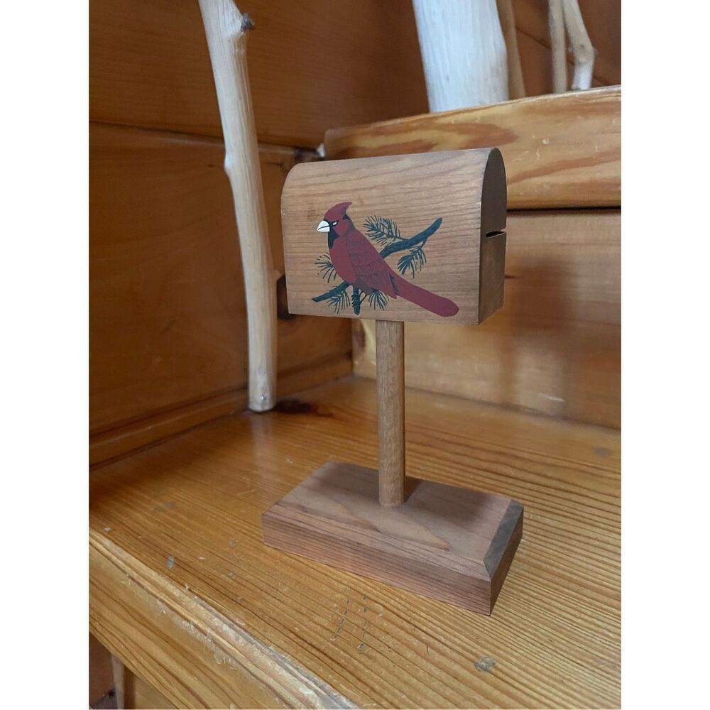Stamp Roll Dispenser Hand Painted Mailbox Vintage Cardinal USA Wooden